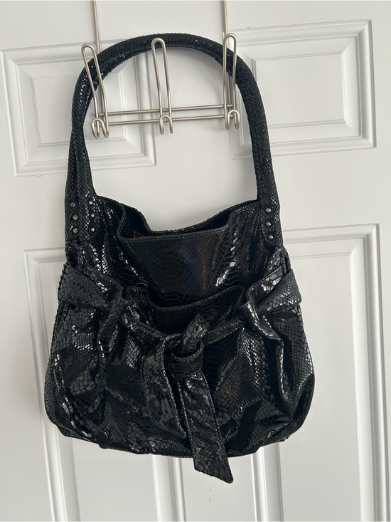 Perlina Handbags - Vintage Y2K Perlina Studio Black Snakeskin Embossed Leather Rope Handle Hobo Bag